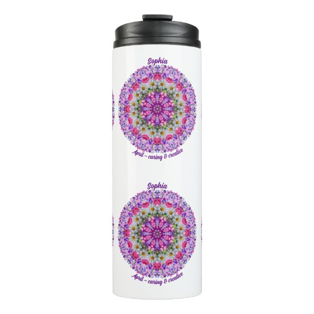 Personalised April Birth Flower Sweet Pea Mandala Thermal Tumbler (Front)