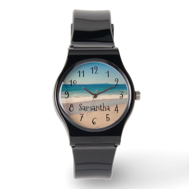 Personalised Aqua Beach Scene Photo Black Text Watch (Front)