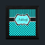 Personalised Aqua, Black, Polka Dots Trinket Box<br><div class="desc">This customisable aqua blue,  black,  and white stripe polka dot jewellery box has a spot for you to personalise with your own name or initials. If you have any requests for changes,  or need help customising this with your text,  please email niteowlstudio@gmail.com.</div>