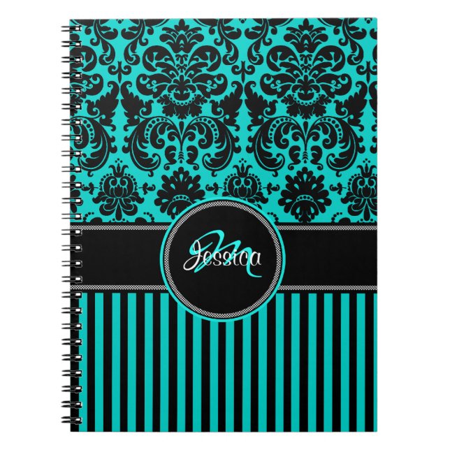 Personalised Aqua Black White Striped Damask Notebook (Front)
