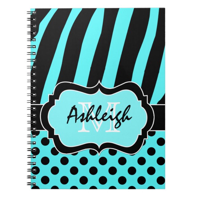 Personalised Aqua Black White Striped Polka Dots Notebook (Front)