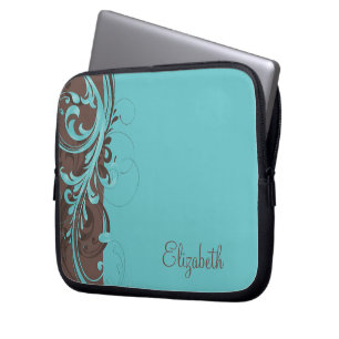 Personalised Aqua Blue Brown Floral Laptop Sleeve