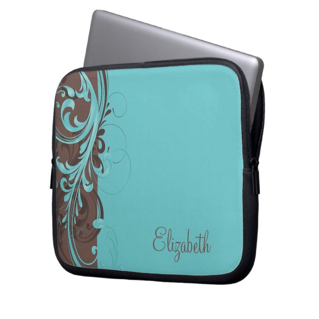 Personalised Aqua Blue Brown Floral Laptop Sleeve (Front Left)