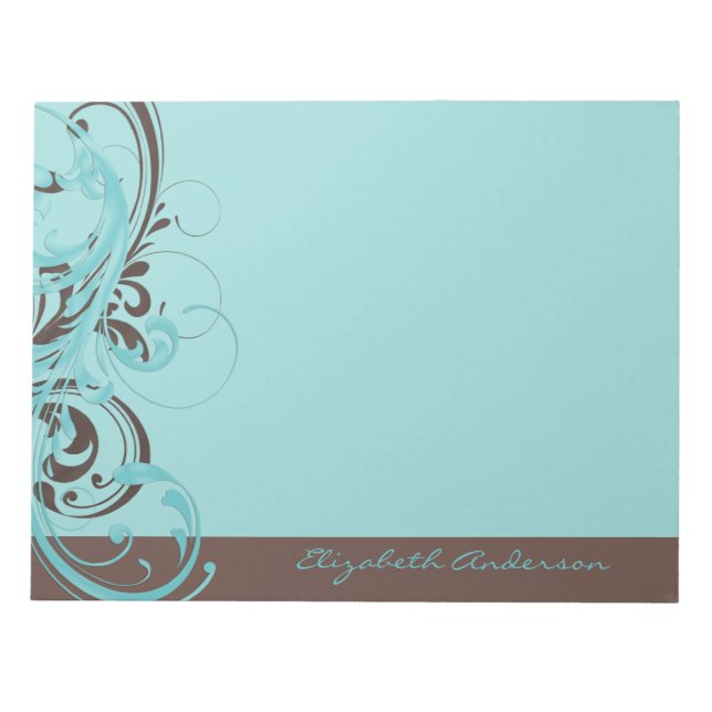Personalised Aqua Blue Brown Floral Large Notepad (Front)