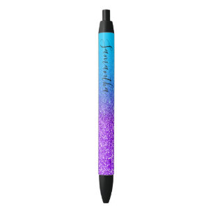 Personalised Aqua Blue Violet Ombre Glitter Black Ink Pen