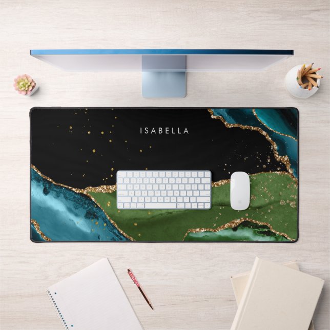 Personalised Aqua/Green Agate w/Gold Glitter Veins Desk Mat (Office 1)