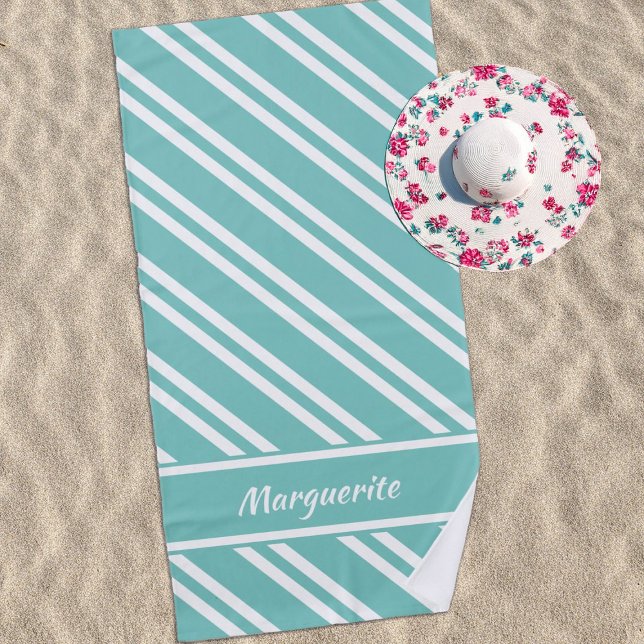 Personalised Aqua Green and White Stripes Beach Towel (Creator Uploaded)