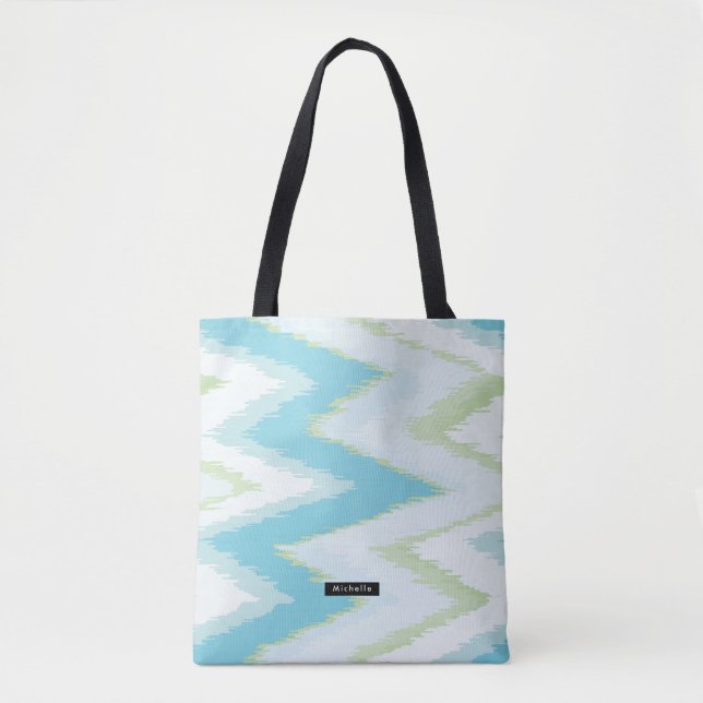 Personalised Aqua Ikat Chevron Pattern Bridesmaid Tote Bag (Front)