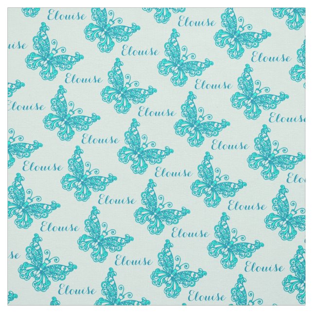 Personalised aqua name butterfly stylised pattern fabric (Swatch)
