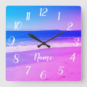 Personalised Aqua Pink Ombre Beach Scene Square Wall Clock