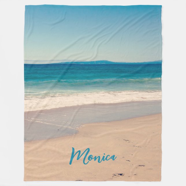 Personalised Aqua Teal Beach Photo Fleece Blanket (Front)