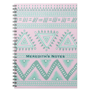 Personalised Aqua-Teal Tribal Pattern on Pink Notebook