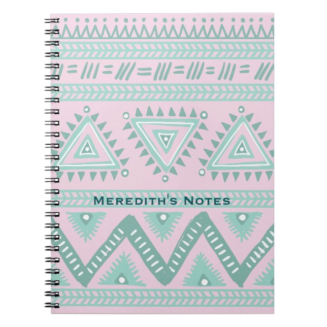 Personalised Aqua-Teal Tribal Pattern on Pink Notebook (Front)