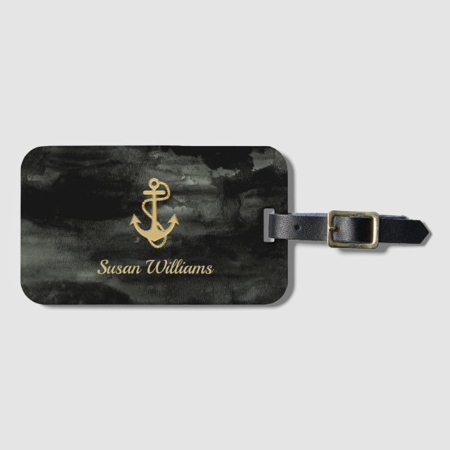 Personalised aquarel black and gold luggage tag (Front Horizontal)