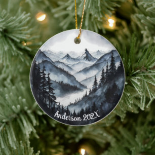 Personalised Aquarelle Watercolor Mountain Scene  Ceramic Ornament