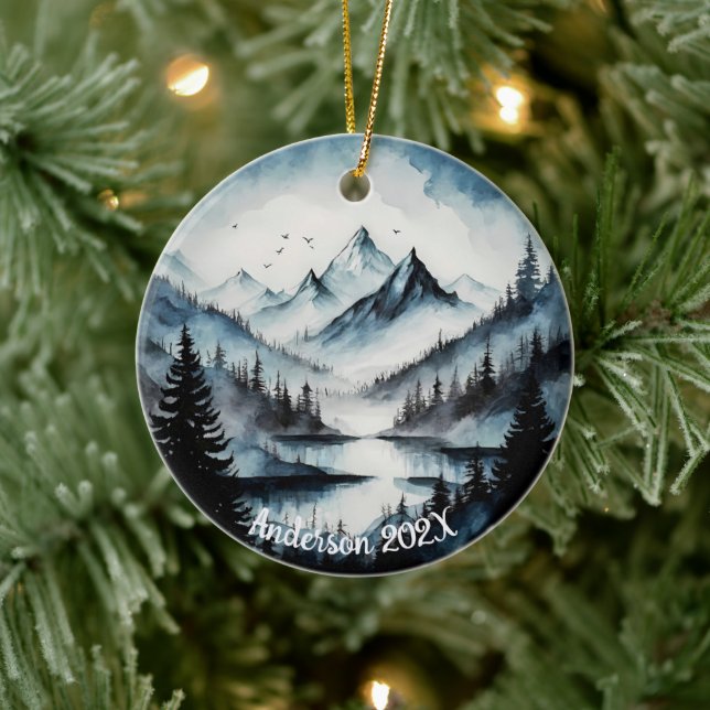 Personalised Aquarelle Watercolor Mountain Scene  Ceramic Ornament (Tree)