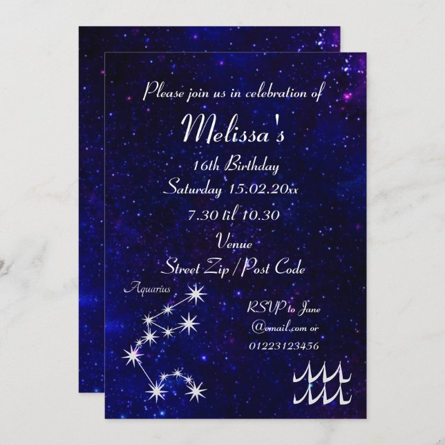 Personalised Aquarius Zodiac Galaxy Party Invitation (Front/Back)