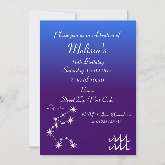 Personalised Aquarius Zodiac Party Invitation (Front)