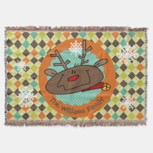 Personalised Argyle Reindeer Holiday Throw Blanket