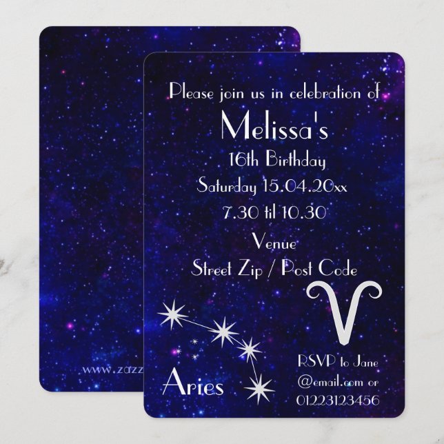Personalised Aries Zodiac Galaxy Party Invitation (Front/Back)