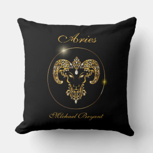 Personalised Aries Zodiac Sun Sign Black Gold  Cushion