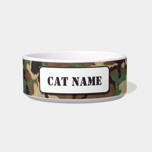 Personalised Army Woodland Camouflage Cat Bowl (Front)