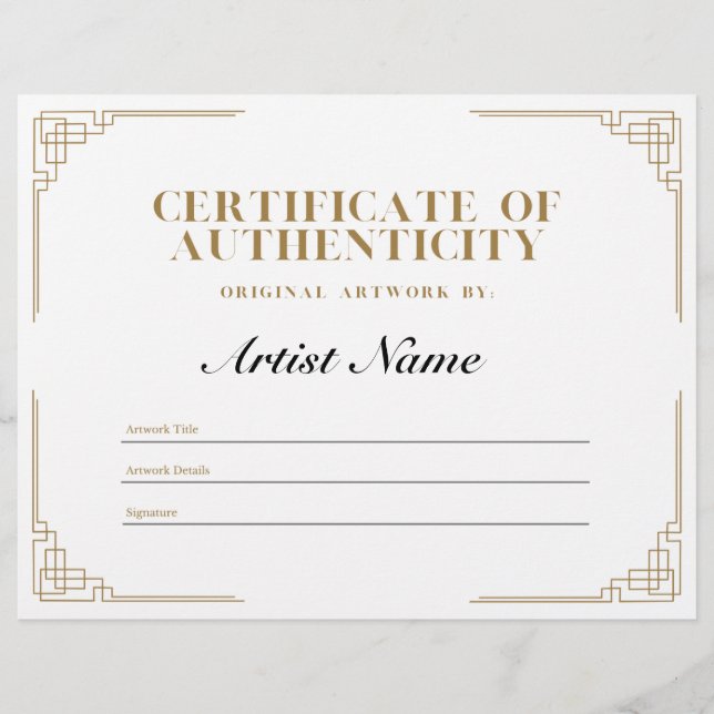 Personalised Art Deco Certificate of Authenticity  Custom Letterhead (Front)