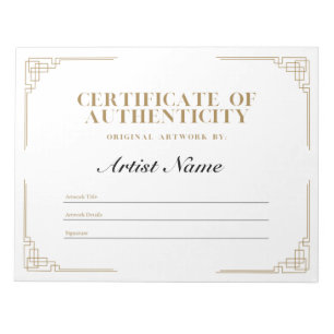 Personalised Art Deco Certificate of Authenticity  Notepad