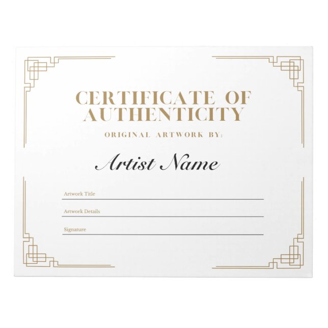 Personalised Art Deco Certificate of Authenticity  Notepad (Front)