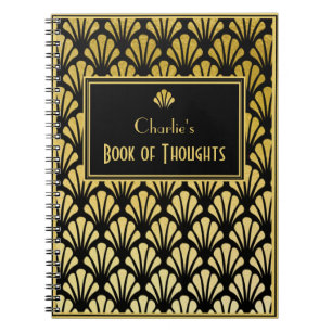 Personalised Art Deco Fan Pattern Black Gold Foil Notebook
