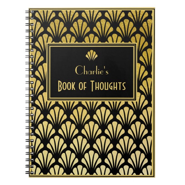Personalised Art Deco Fan Pattern Black Gold Foil Notebook (Front)