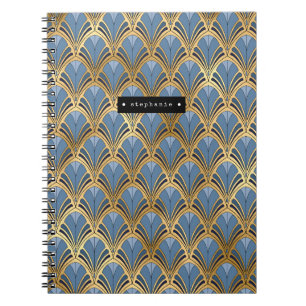 Personalised Art Deco Fan Pattern Blue Gold Notebook