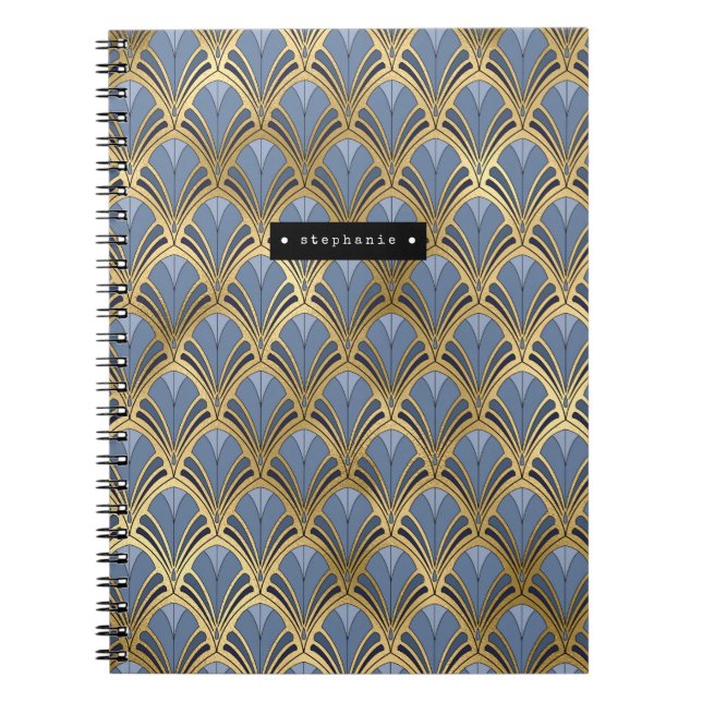 Personalised Art Deco Fan Pattern Blue Gold Notebook (Front)