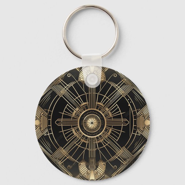 Personalised Art Deco Keychain - Black and Gold Ge (Front)