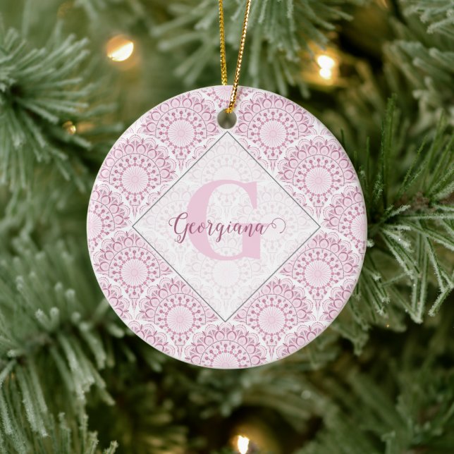 Personalised Art Deco Pink Confetti Lace Mandala Ceramic Ornament (Tree)