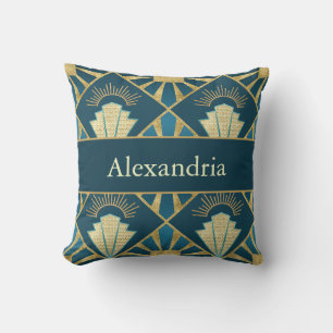Personalised Art Deco Teal & Gold Geometric Name Cushion
