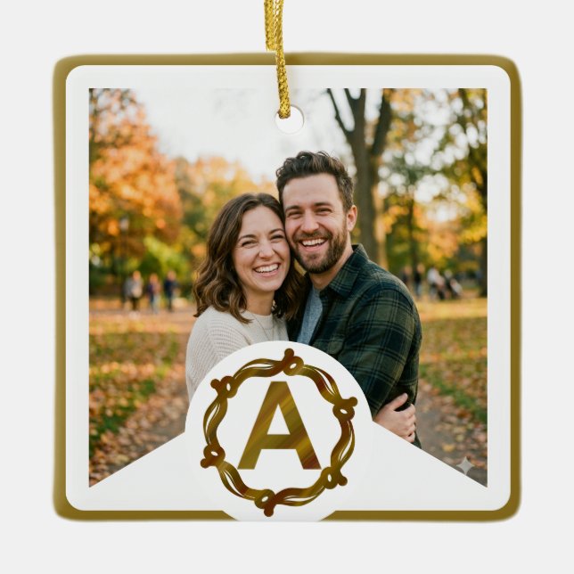 Personalised Artisan Monogram A | Wood Frame Ceramic Ornament (Front)