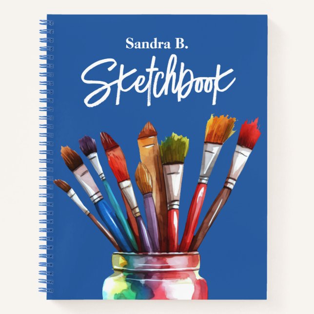 Personalised Artist Paintbrush Blue Sketchbook Notebook (Front)