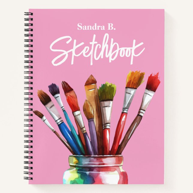 Personalised Artist Paintbrush Pink Sketchbook Notebook (Front)