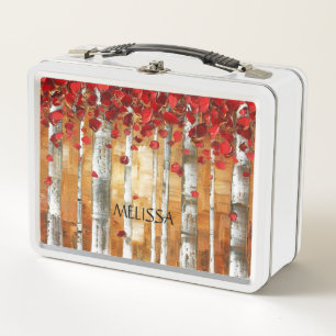Personalised Artistic Romantic Red Leaves Birch Metal Lunch Box