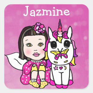 Personalised Asian Fairy and Unicorn Heart Shaped Square Sticker