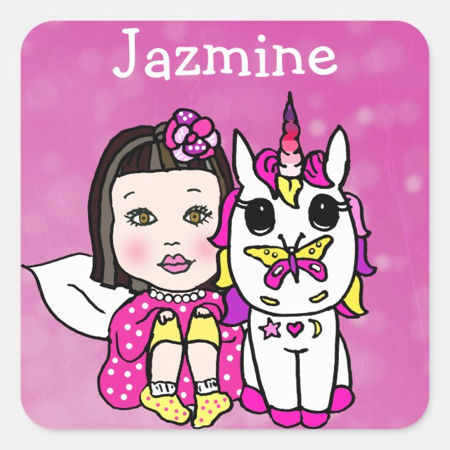Personalised Asian Fairy and Unicorn Heart Shaped Square Sticker (Front)