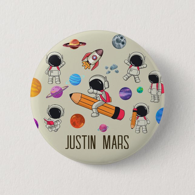 Personalised Astronauts and Planets Back to School 6 Cm Round Badge (Front)