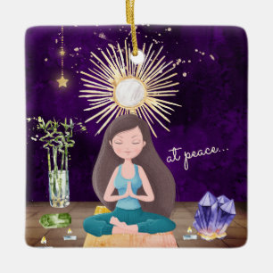 Personalised At Peace Yoga Brunette Girl Christmas Ceramic Ornament