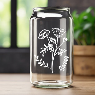 Personalised August Birth Month Flower Poppy White Can Glass