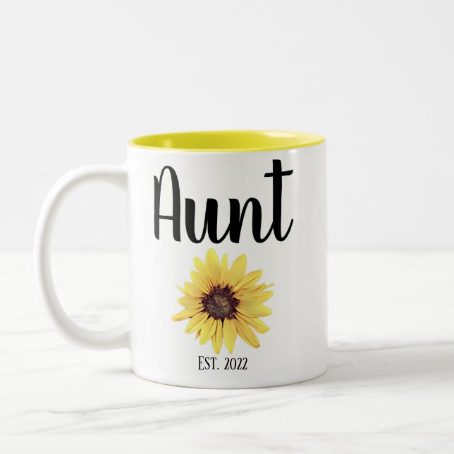 Personalised Aunt Est. Painted Sunflower Two-Tone Coffee Mug (Left)