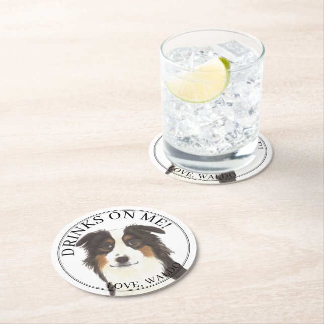 Personalised Aussie Australian Shepherd Wedding Round Paper Coaster (Insitu)
