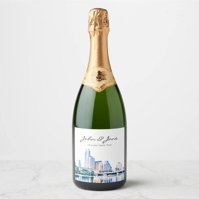 Personalised Austin Texas Wedding Sparkling Wine L Label (Front)