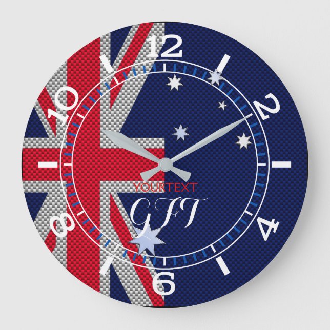 Personalised Australian Flag Design Carbon Chrome Large Clock (Front)