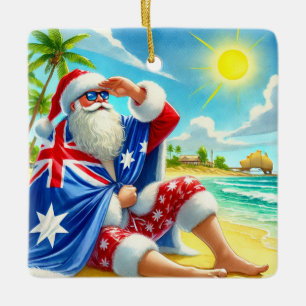 Personalised Australian Santa on Beach Christmas  Ceramic Ornament